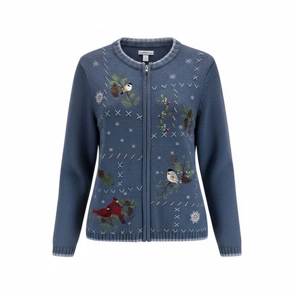 Blue Knit Holiday Cardigan PL Embroidered Winter Birds Cardinals Pinecones Zip - Picture 1 of 13